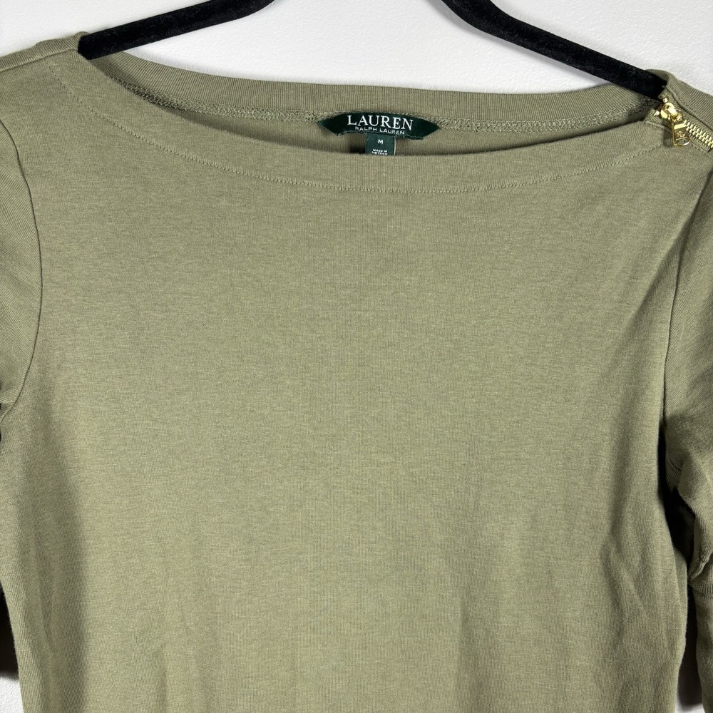 Lauren Ralph Lauren Womens Medium Green Zipper Detail Boat Neck Short Sleeve Top